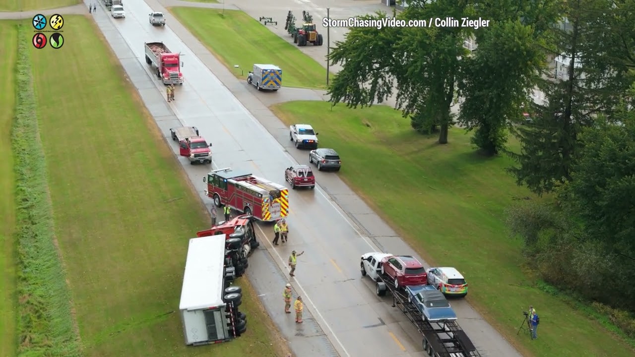 Semi Hauling Batteries Blown Over By Extreme Winds In Minnesota