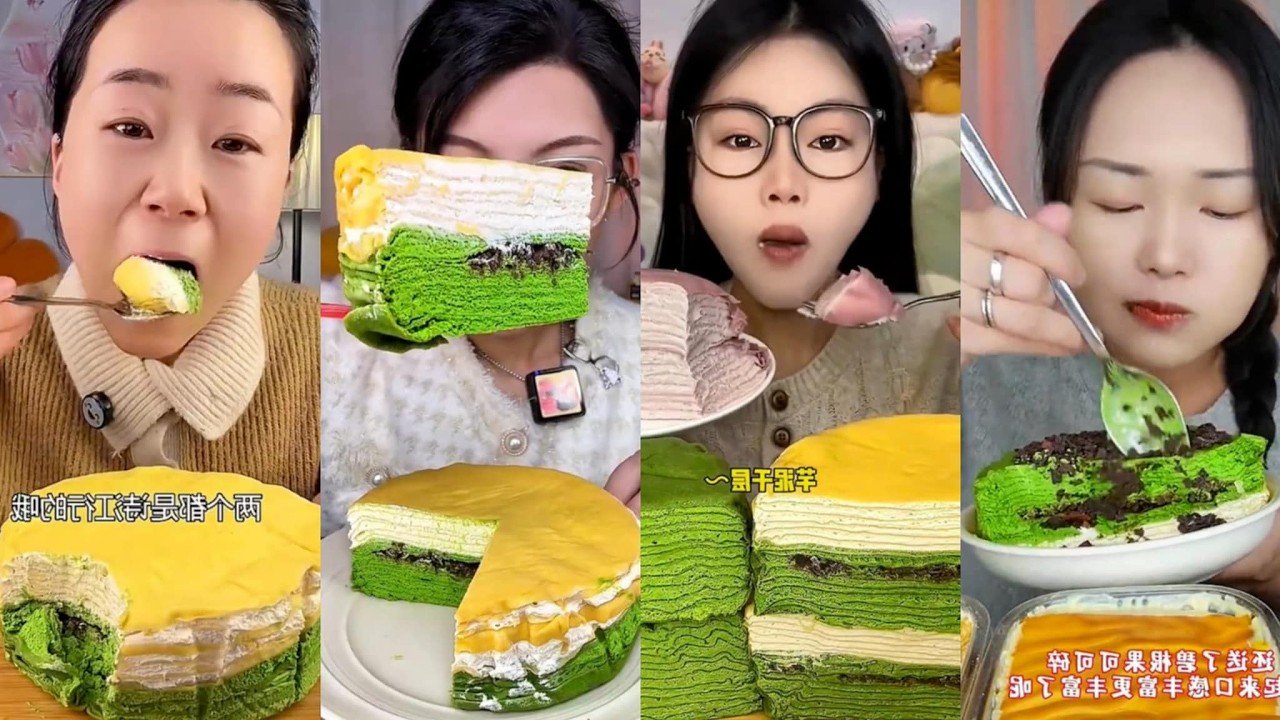 Crunchy Oreo Jasmine Tea Mixed Matcha Crepe Cake Slice For Ultimate Relaxing ASMR Mukbang Dessert