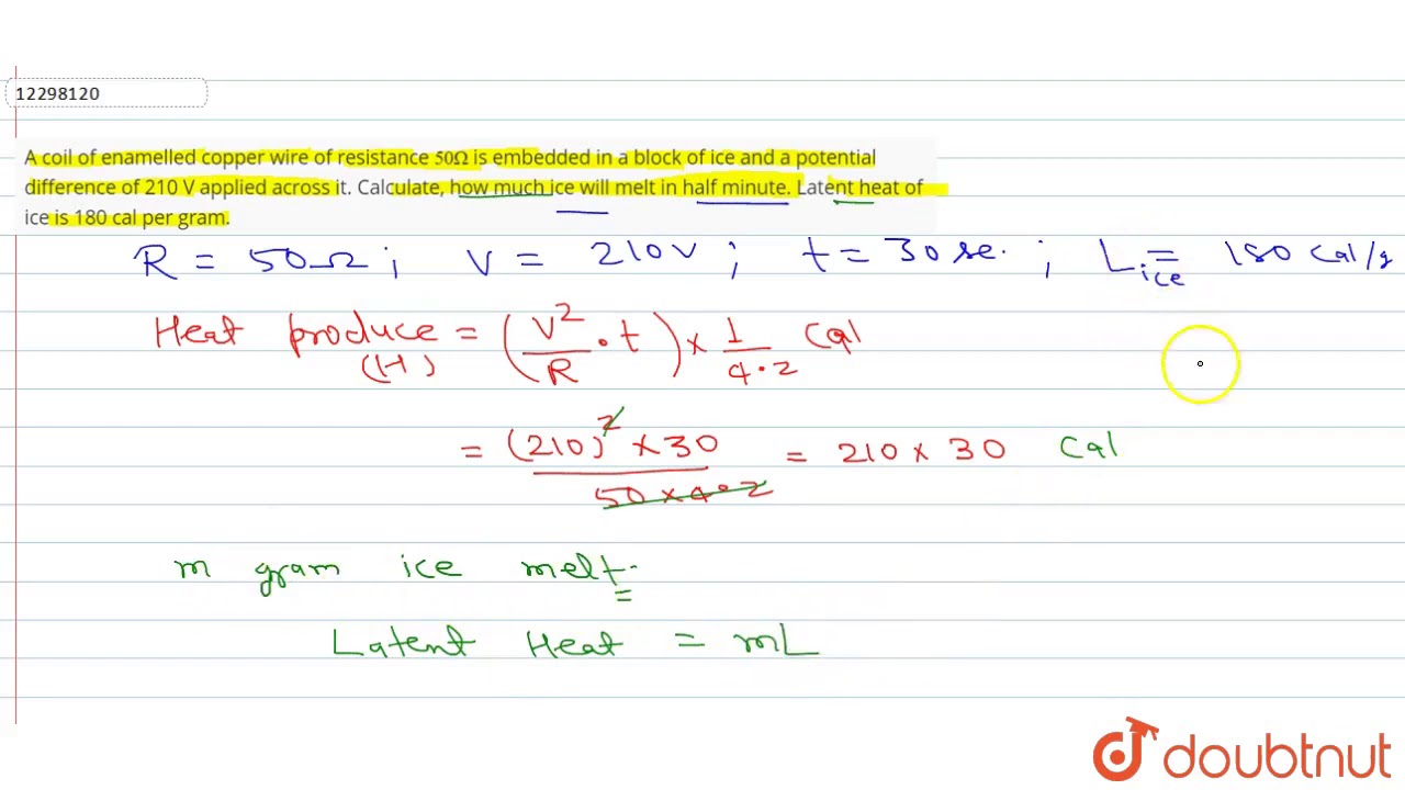 A coil of enamelled copper wire of resistance `50 Omega` is embedded in a block of ice and a