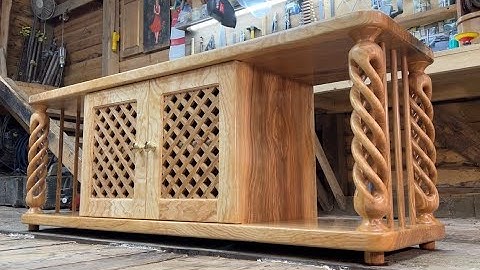 Diy. Ash TV stand with wooden spirals and hinges. Brass door handles. Wooden lattice