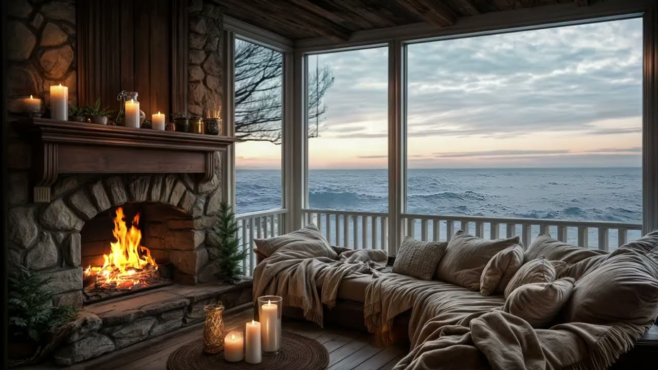 Oceanfront Cozy Cabin with Fireplace Sounds | No Ads | Calm and Peaceful Evening Ambience