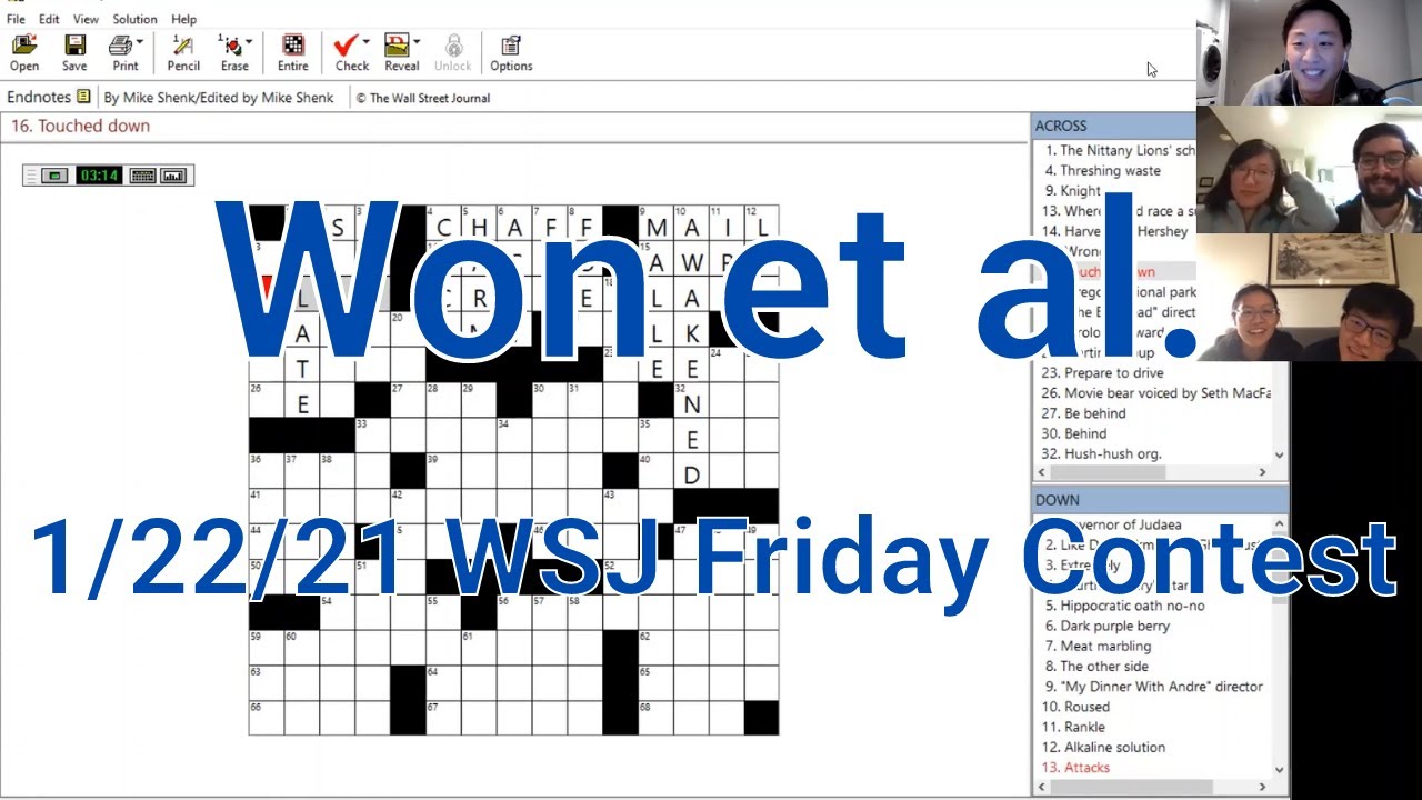Won et al. solve "Endnotes" WSJ 1/22/21 Friday crossword contest