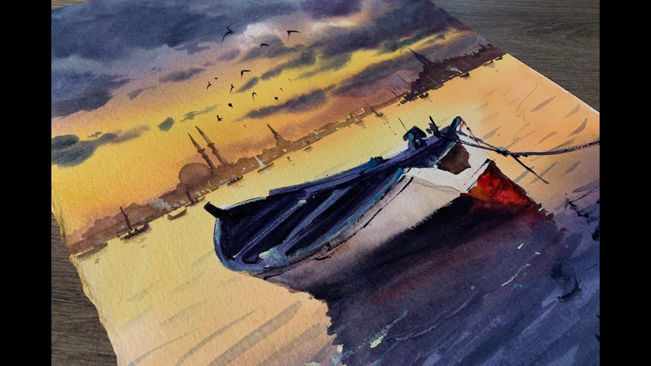 Watercolour Seascape from Istanbul | Boat and Clouds