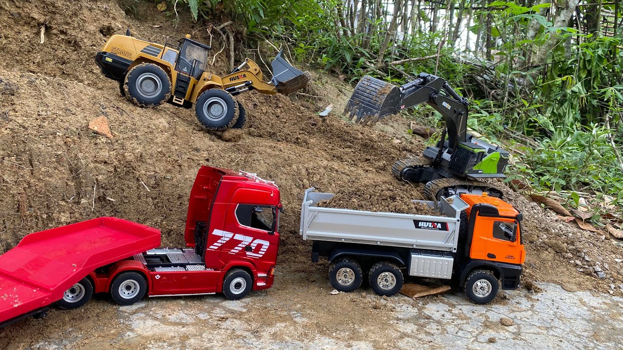 Aksi #59 Excavator Besar Huina 1593, Dump Truk RC Volvo A40G, Huina 1536, Scania RC Muatan Tanah 
