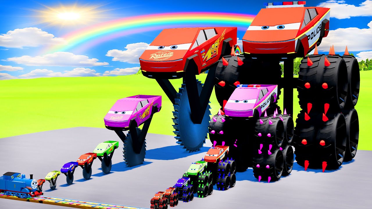 Big & Small McQueen Tesla One Saw Wheels vs Police Cyber Lightning McQueen vs Trains | BeamNG.Drive