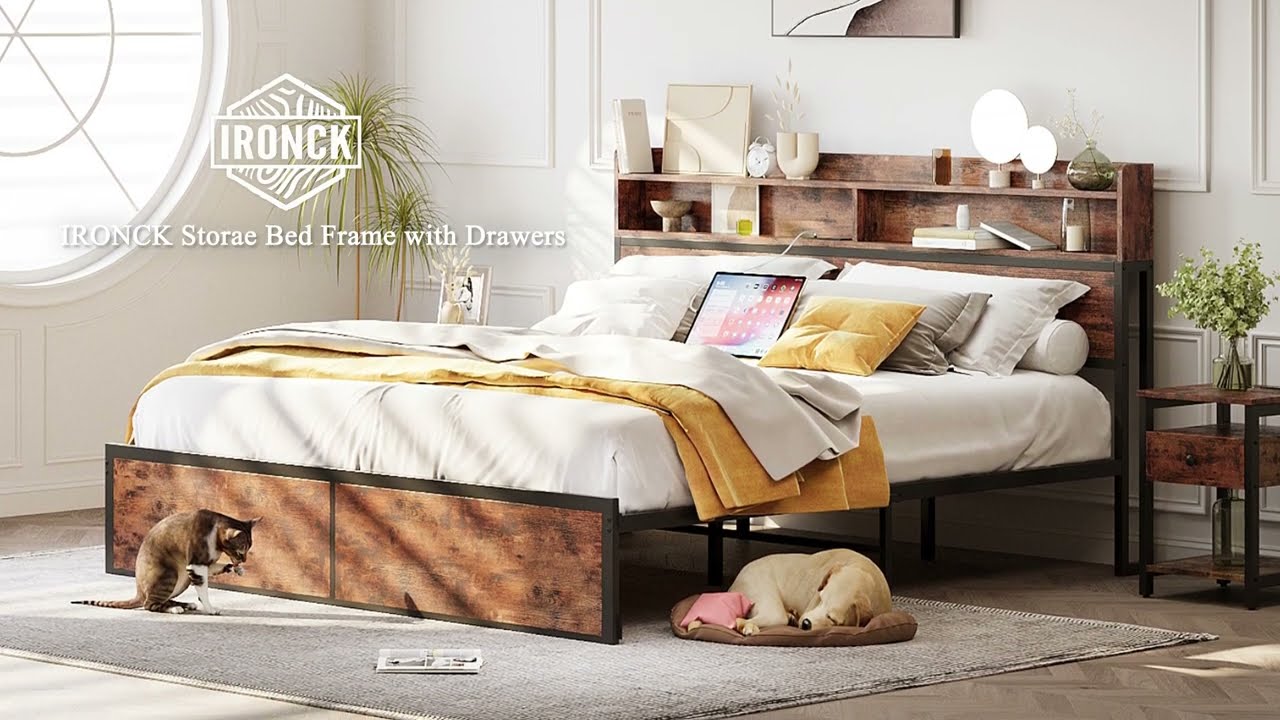 💡 Elevate Your Bedroom with the Bed Frame featuring a Bookcase Headboard! 💡