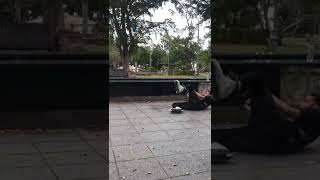 Inline skater attempts to grind ledge but falls off and lands on his chest