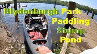 Paddling Stump Pond, Blydenburgh RV Camp Old Town Saranac 146 Two person Canoe Portage Wheels