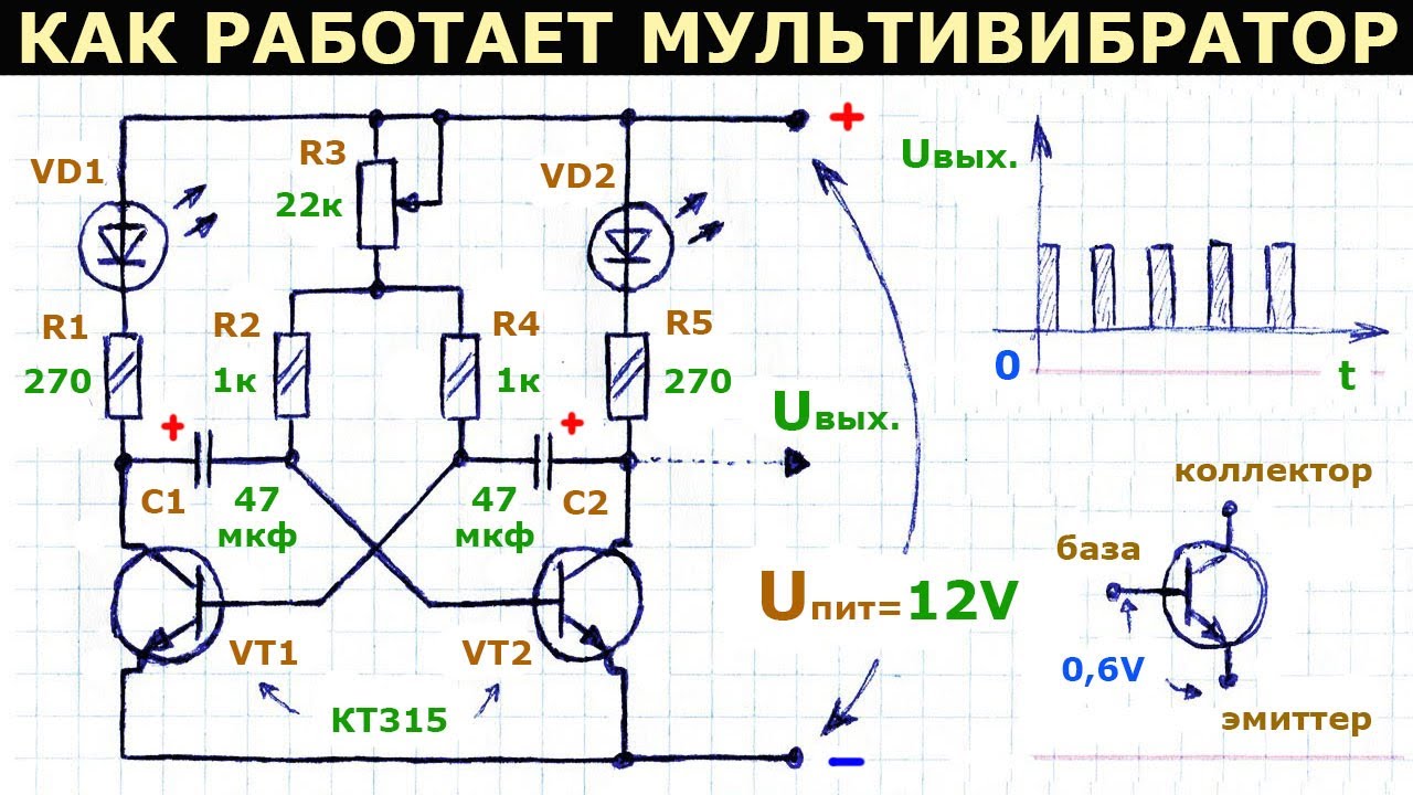 Как работает простая схема симметричного мультивибратора на ...