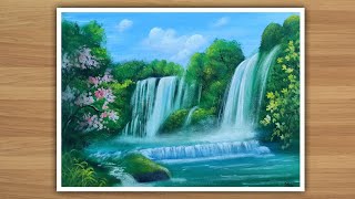 Step by step waterfall landscape painting for beginners
