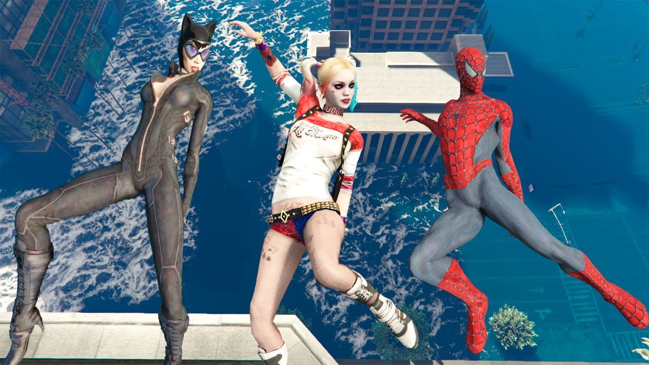 GTA 5 Water Ragdolls Spiderman vs Catwoman vs Harley Quinn