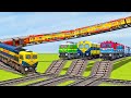 4 trains crazy railway crossing on risky and flying railroad tracks  beamng train simulator