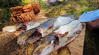 Perfectly smoked fish in nature. Calming ASMR cooking video.