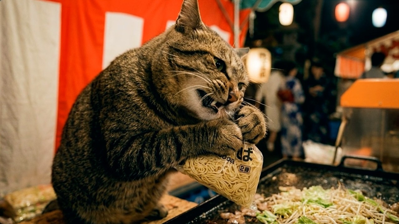 ボス猫の「思い出い〜っぱい夏祭り！これが漢の鉄板焼そば」長老、また
