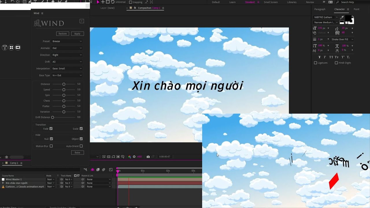 Làm diễn hoạt gió thổi bay chữ - Texts fly animation with Aescript Wind ...