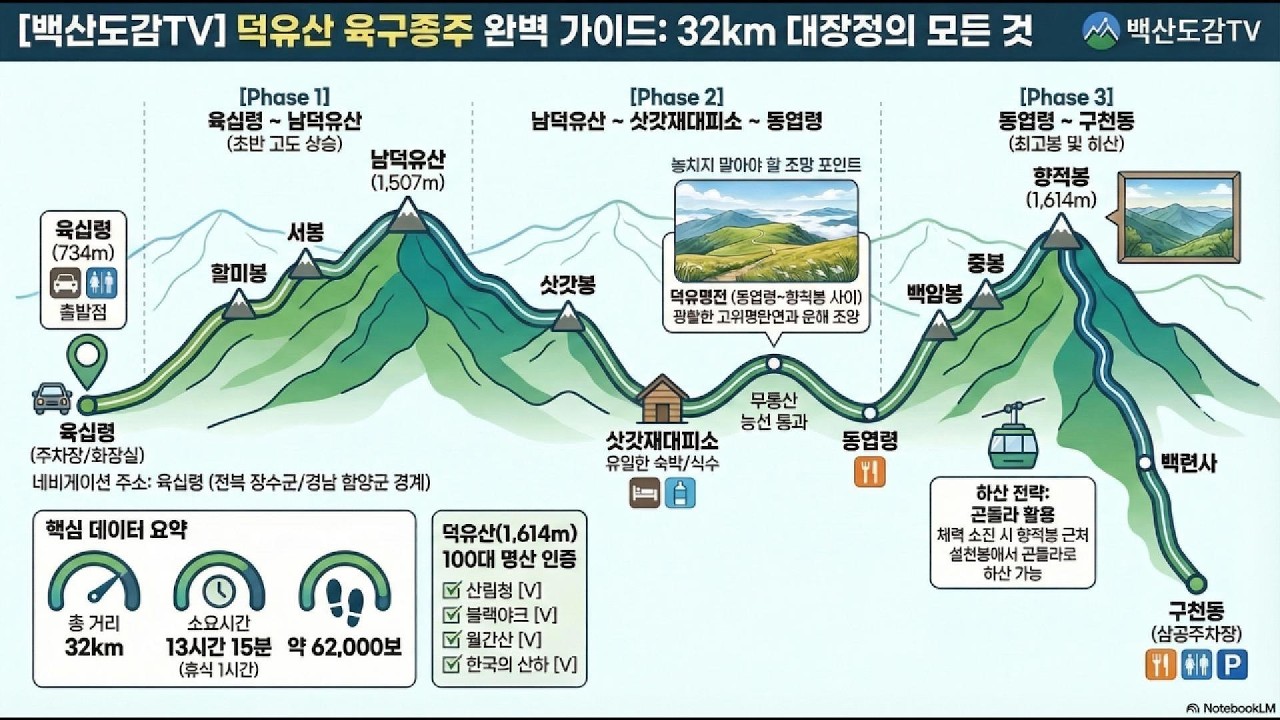 덕유산 (육구종주, 전북 장수군, 무주군) | 100대명산 산행기록/육십령–서봉–남덕유산–삿갓봉–삿갓재대피소–무룡산–동엽령–백암봉–중봉–향적봉–백련사–구천동 삼공매표소- 삼공주차장