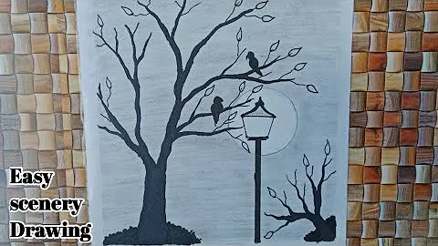 How to draw scenery of moonlight night by pencil sketch, love birds scenery drawing