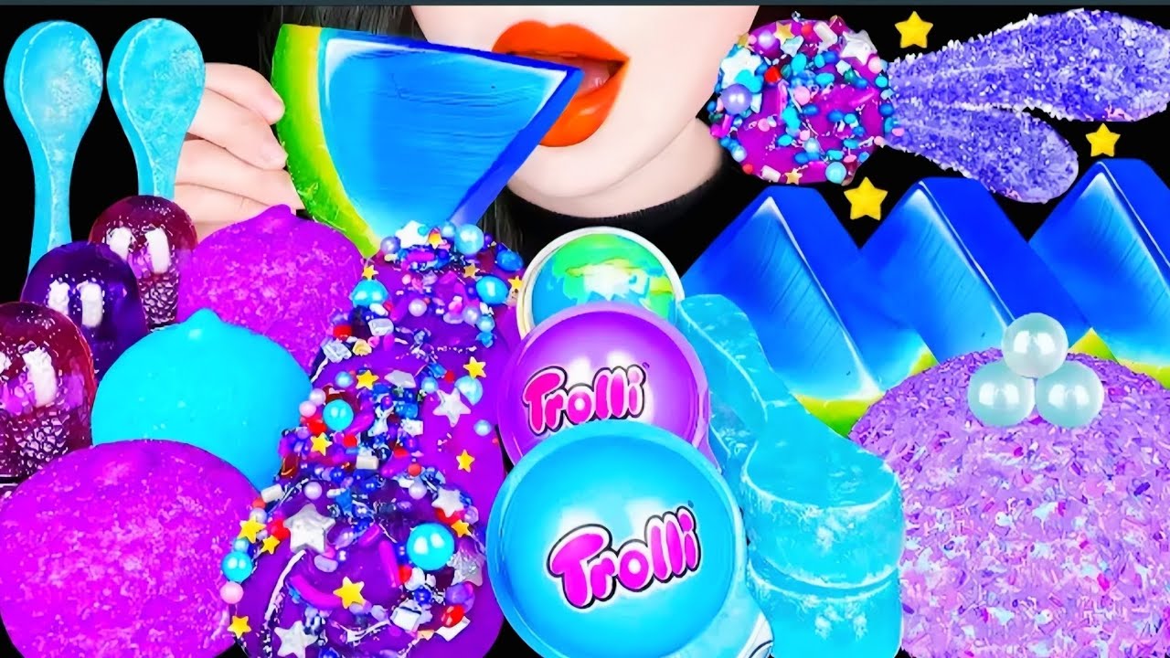 ASMR MUKBANG 5X SPEED ASMR PURPLE BLUE WATERMELON, EDIBLE SPOON,GALAXY CANDY SNOWBALL EATING MUKBANG