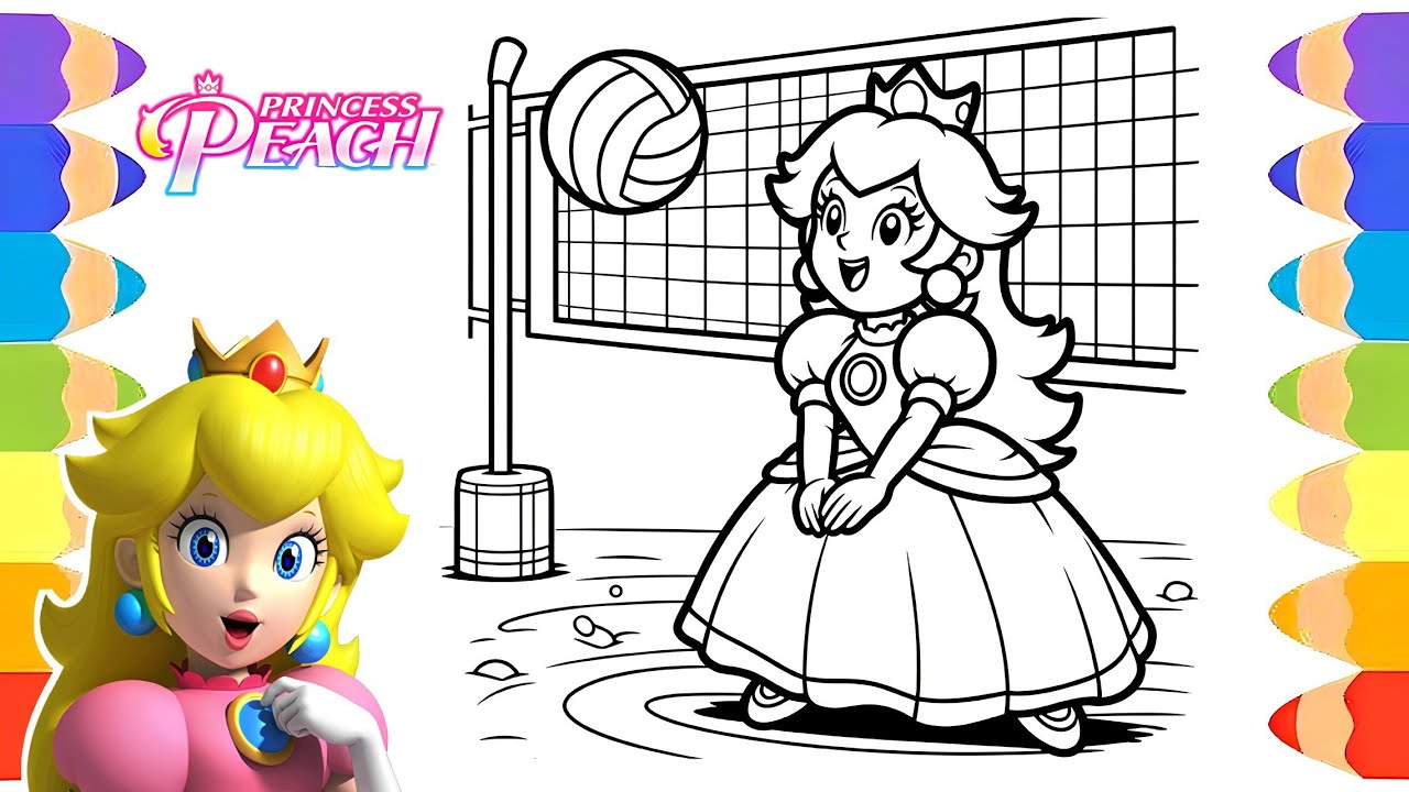 Princess Peach Playing Volleyball - Drawing and Coloring for Kids
