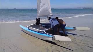 Hobie 14  Catamaran First Timers Sailing, One man over board.