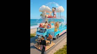 Beachside Cloud RV with Pool & Sky Bedroom 🌊☁️🚐 #shorts #luxurybus #aivideo #rv #bus #ai #dreamride