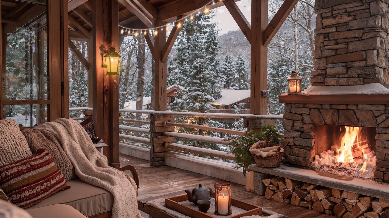 Winter Morning in a Forest Village 🔥 Balcony Crackling Fire, Soft Jazz & Nature Sounds