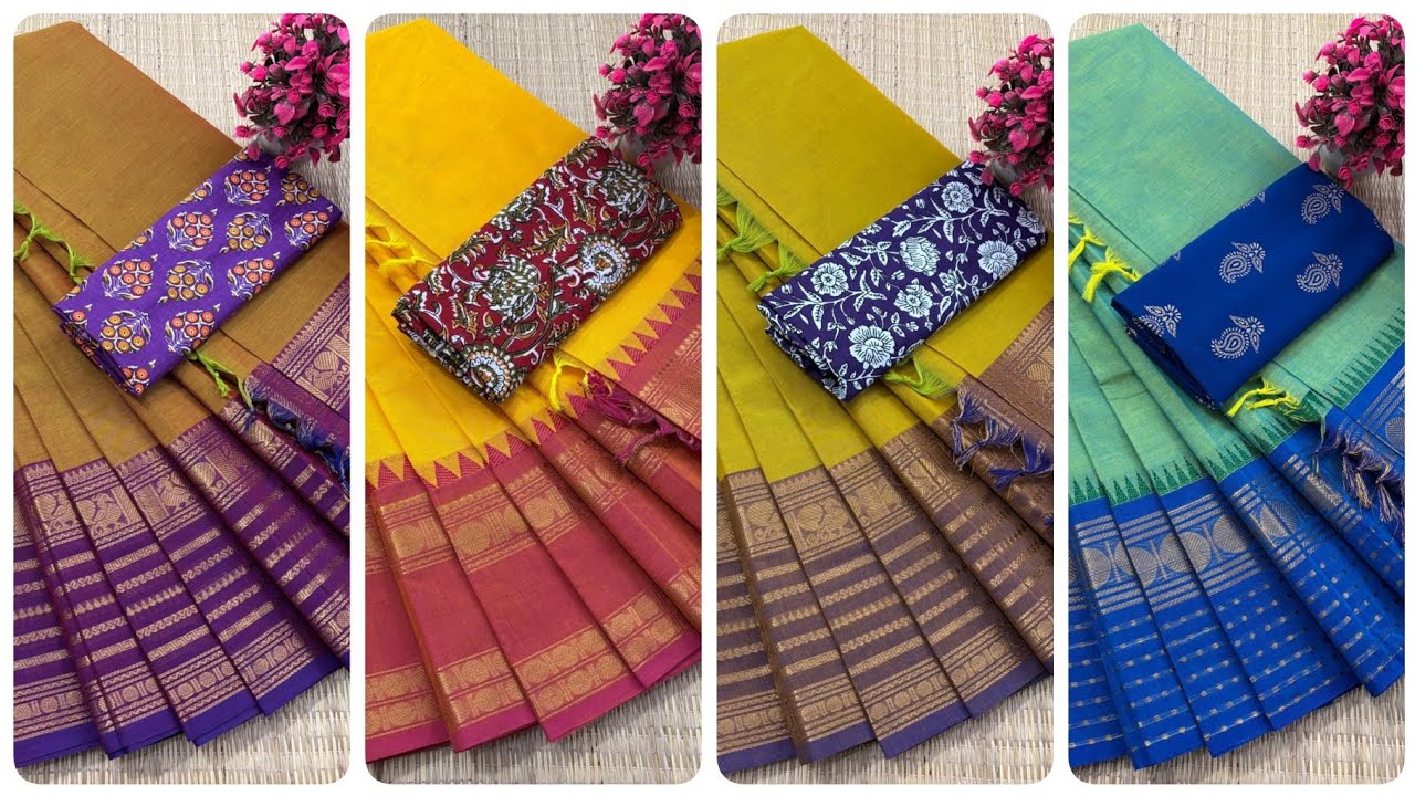 Trending kanchi cotton sarees with running blouse zari border 💕 To orders WhatsApp 