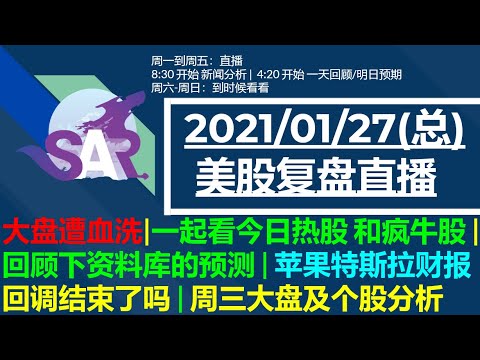 美股直播01/27(总) 大盘遭血洗|一起看今日热股 和疯牛股 | 回顾下资料库的预测 | 苹果特斯拉财报回调结束了吗 | 周三大盘及个股分析 Episode cover