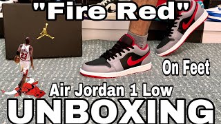 UNBOXING AIR JORDAN 1 LOW  FIRE RED / CEMENT GREY / ON FEET