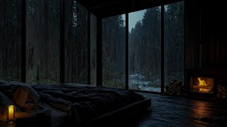 Cold Rain in a Forest 🌲💦 5 Hours of Glass Bedroom & Crackling Fire ASMR to Relieve Stress & Sleep
