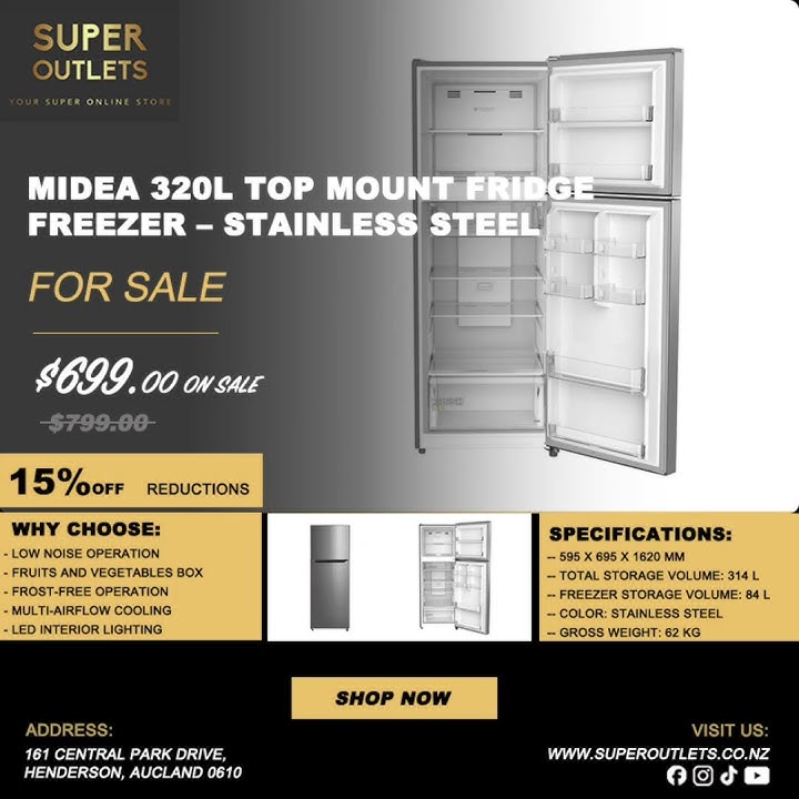 Midea 320L Top Mount Fridge Freezer – Stainless Steel #onsale #home #homedecor #fridge #newarrivals