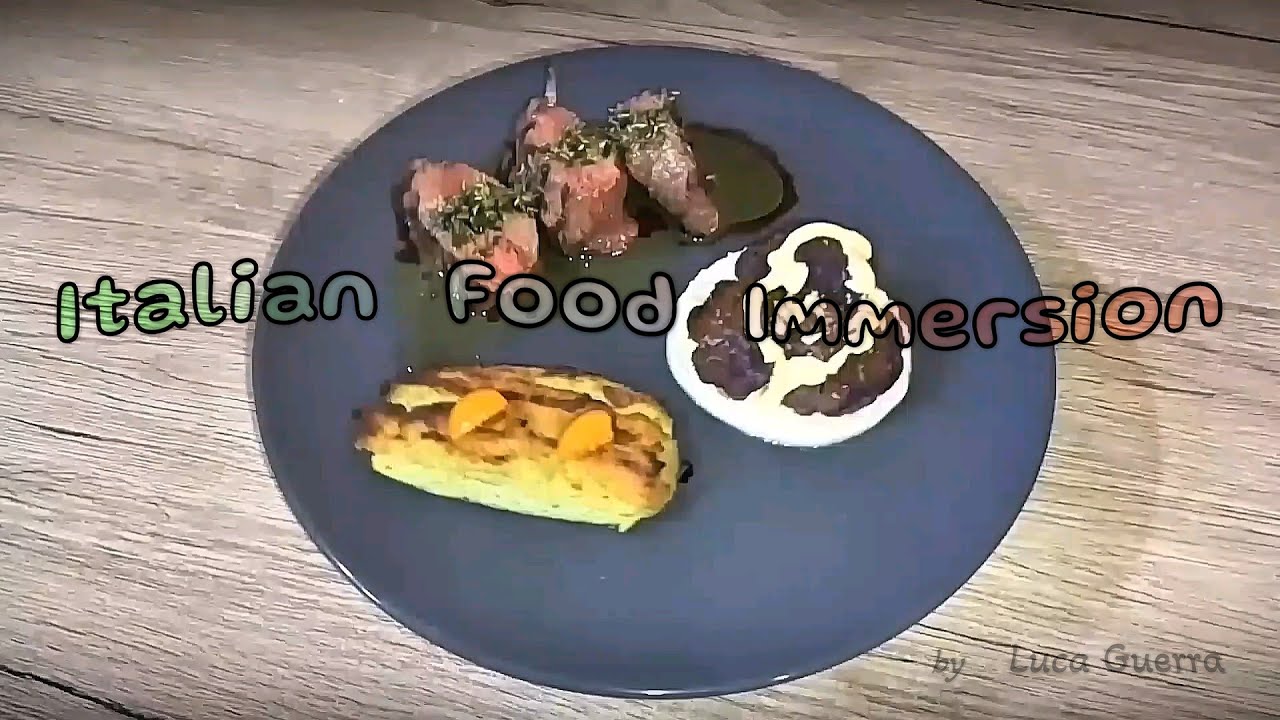 Filetto di spalla alle erbe con zucchina farcita e cavolfiore viola al topinambur e alchechengi