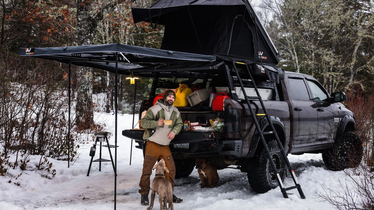 Camping In Freezing Rain And Snow With Heated Truck Tent