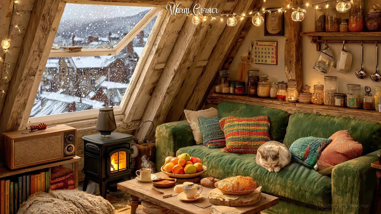 Soft Snowfall Outside the Attic Window ❄️ Oldies Echoing from Another Room for Focus, Rest & Unwind