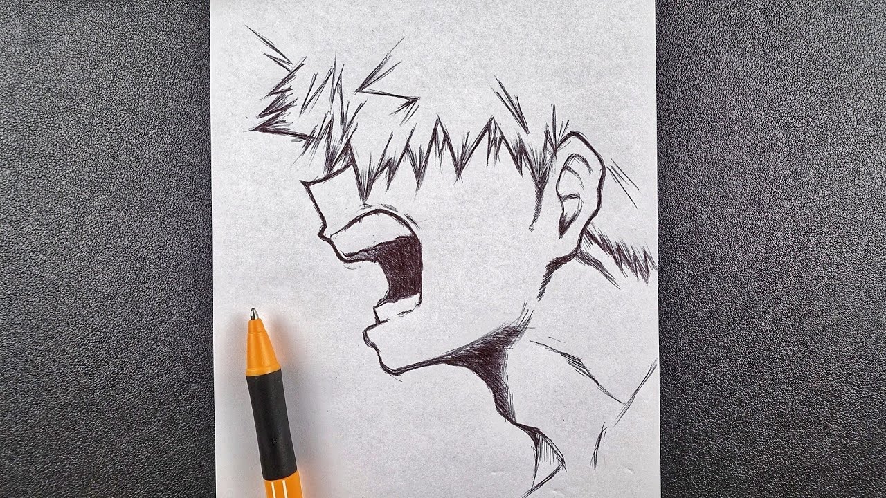 black pen drawing, how to draw anime boy