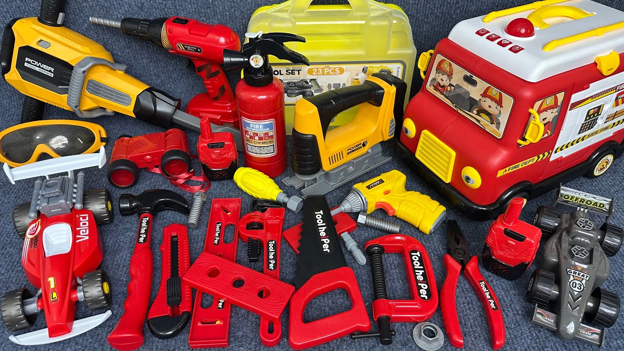 14 Minutes Satisfying with Unboxing Fire Engine Playset, Auto Repairman Toy | ASMR Unboxing Toy