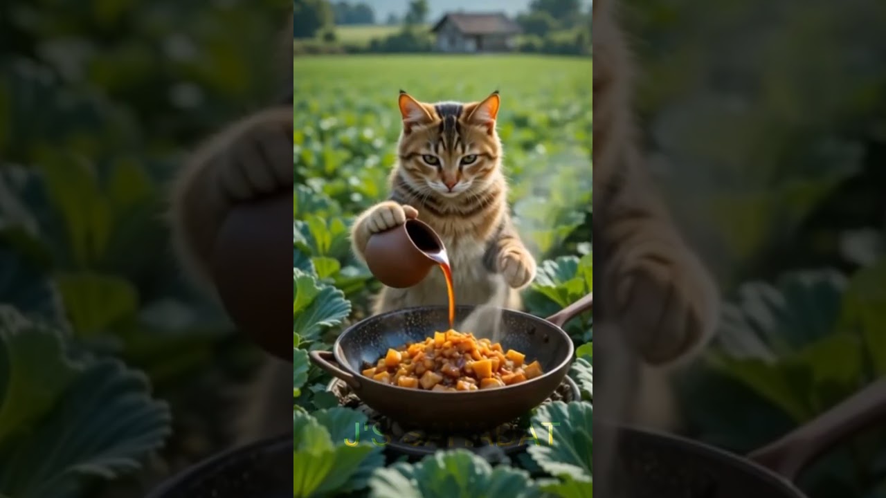 Fluffy Cat Cooks Noodles in Village Kitchen 