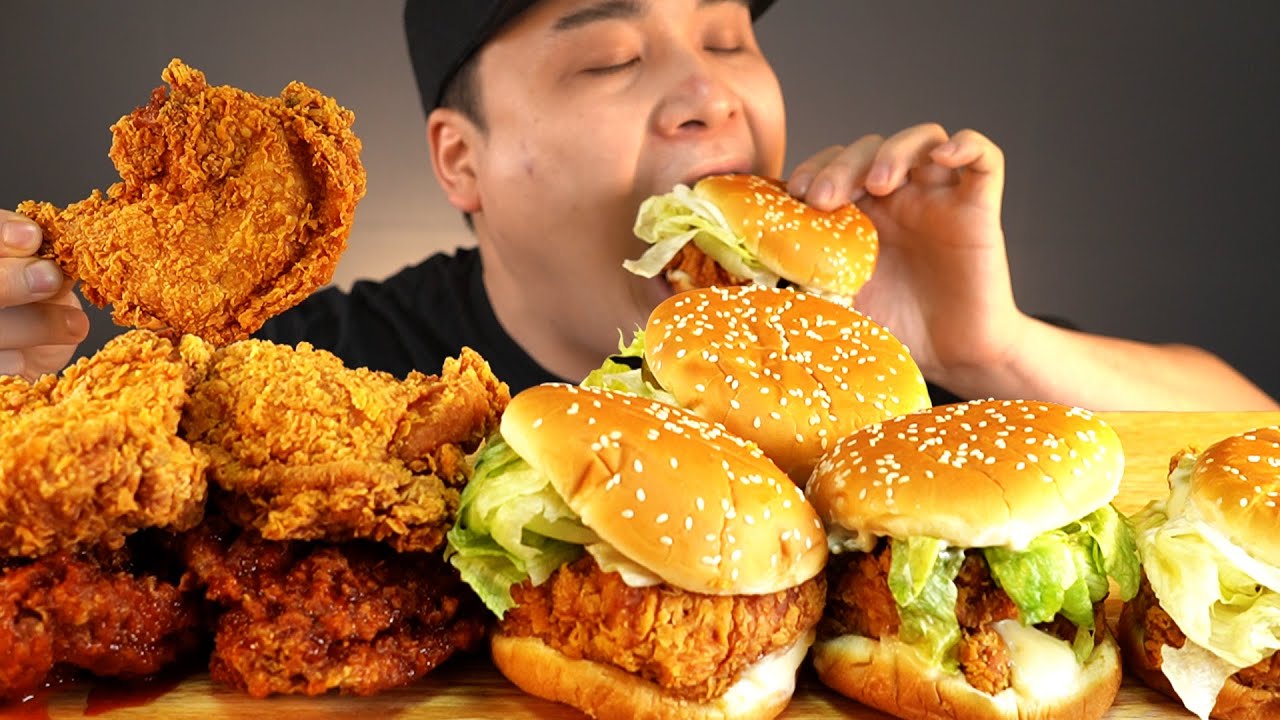 맘스터치 싸이버거와 바삭한 통닭다리 먹방~!! 리얼사운드  ASMR social eating Mukbang(Eating Show)