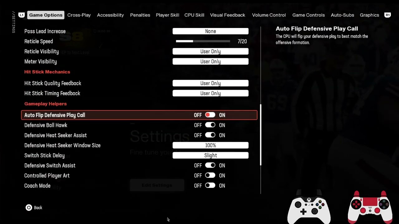 Madden NFL 25 How to turn on or off Auto Flip Defensive play Call, Ball Hawk and Heat Seeker Assist