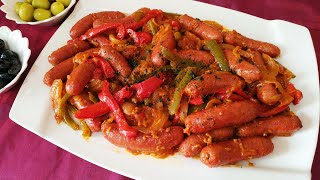 sausage dinner recipe with vegetables عشاء خفيف بالنقانق و الخضر  سريع في التحضير