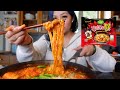 Spicy cheesy buldak noodles mukbang