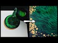 Acrylic pouring abstract art green ripple ring pour with gold decoart pearls