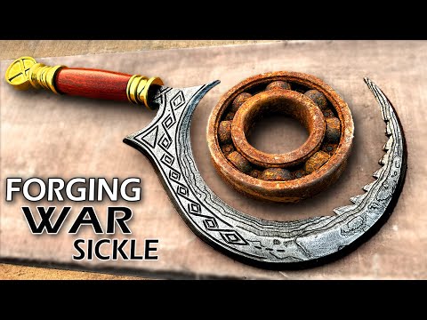 Hand Forged DAMASCUS SICKLE out of Rusted Bearings