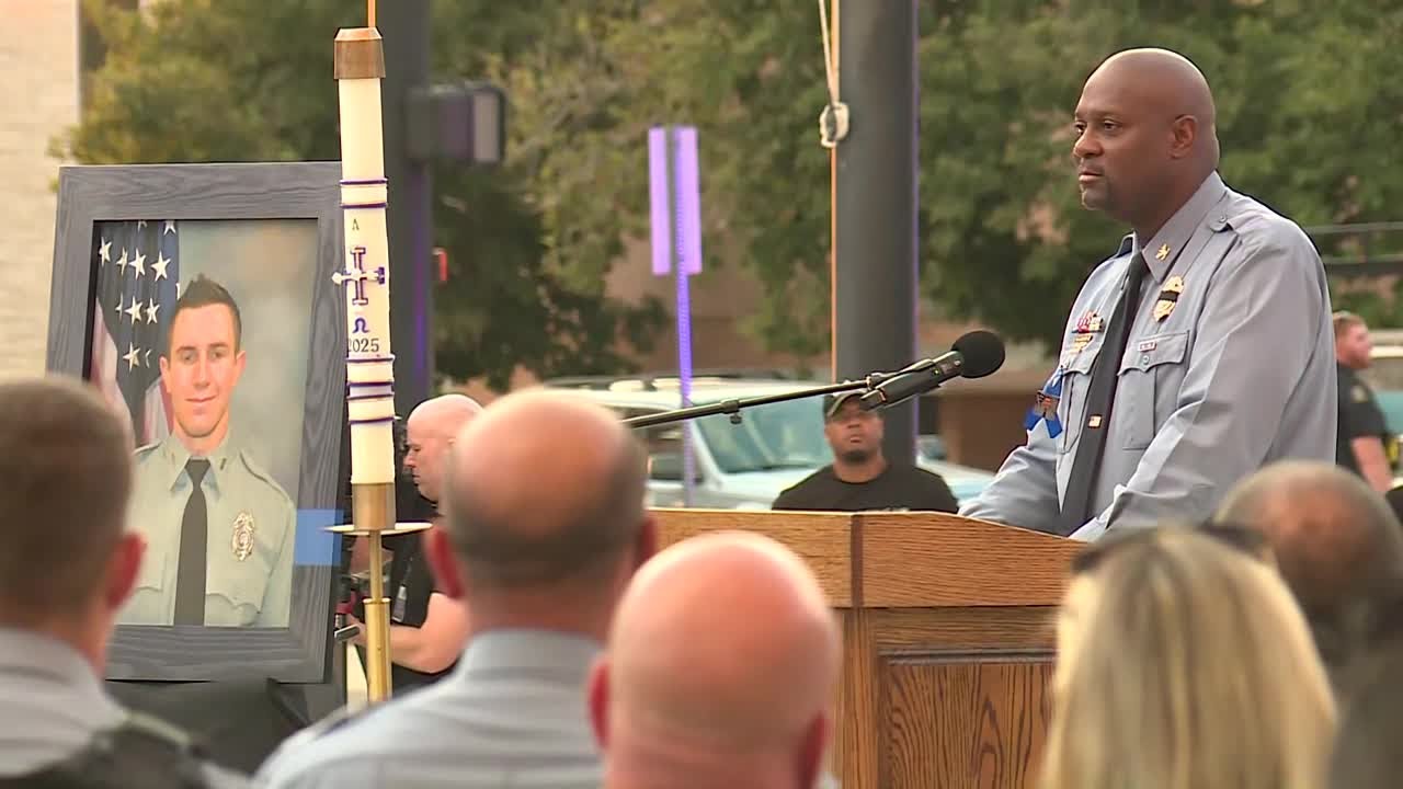 Kansas City, Kansas, Police Chief Karl Oakman speaks at vigil for fallen officer