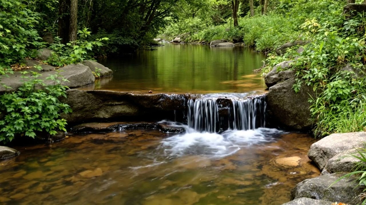 The sound of a greenish mountain stream flowing from nearby. Flowing water, nature sounds,