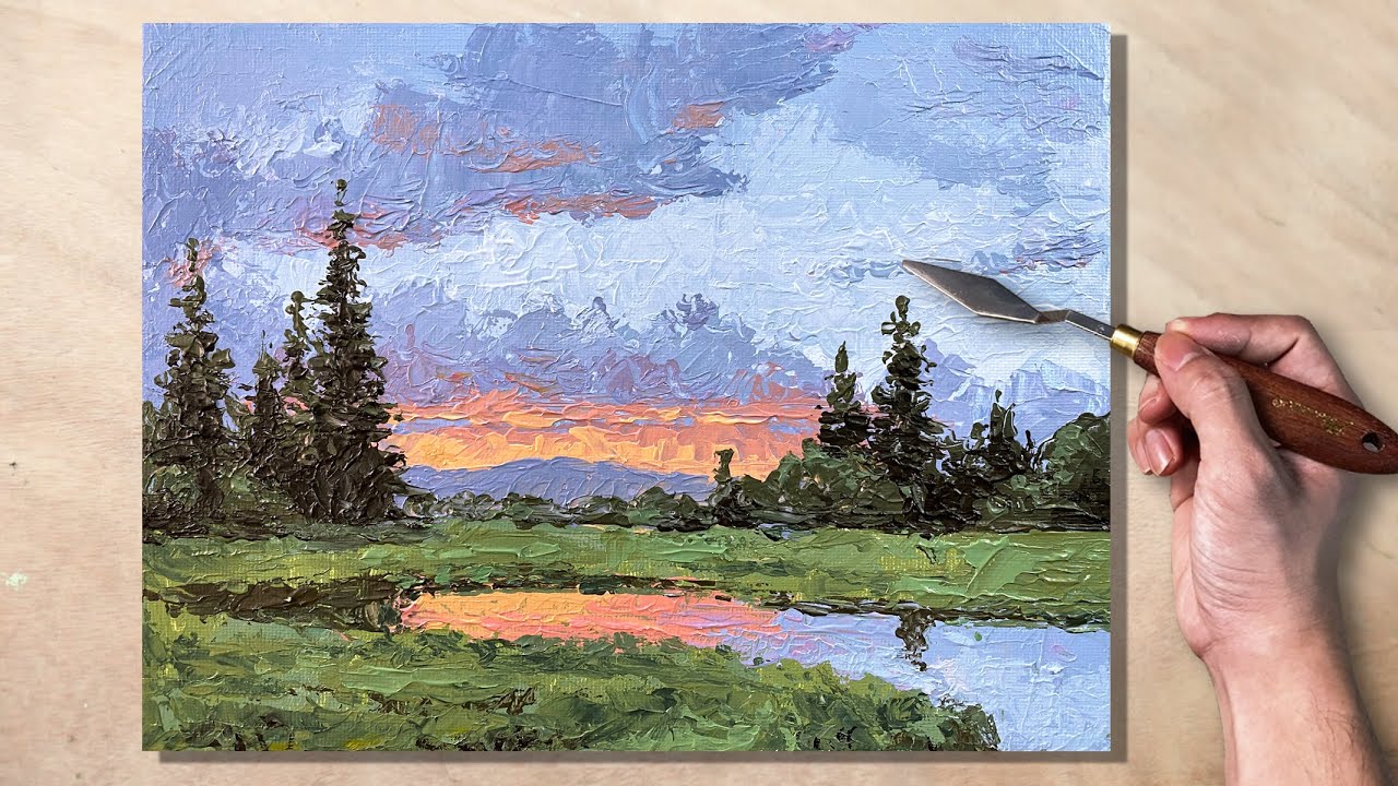 Challenge #16 Lake scene palette knife acrylic painting 