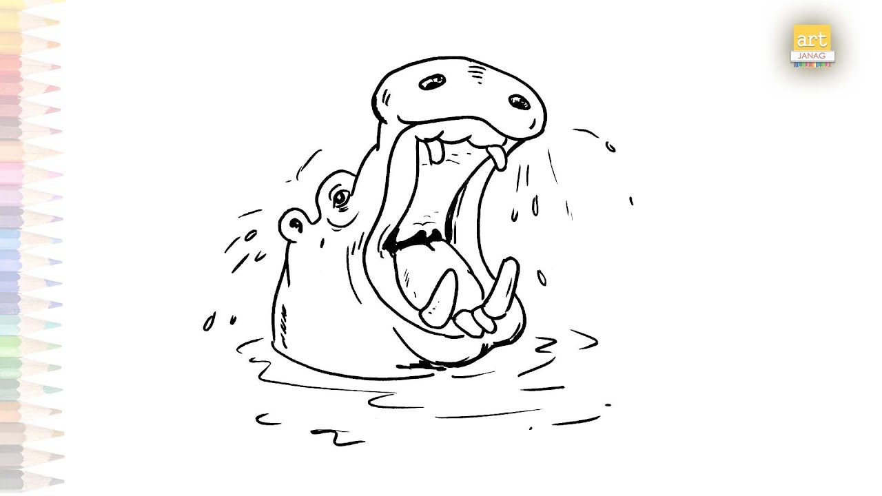 Happy Hippo drawing | Water animal drawings | How to draw A Hippopotamus step by step | animal art