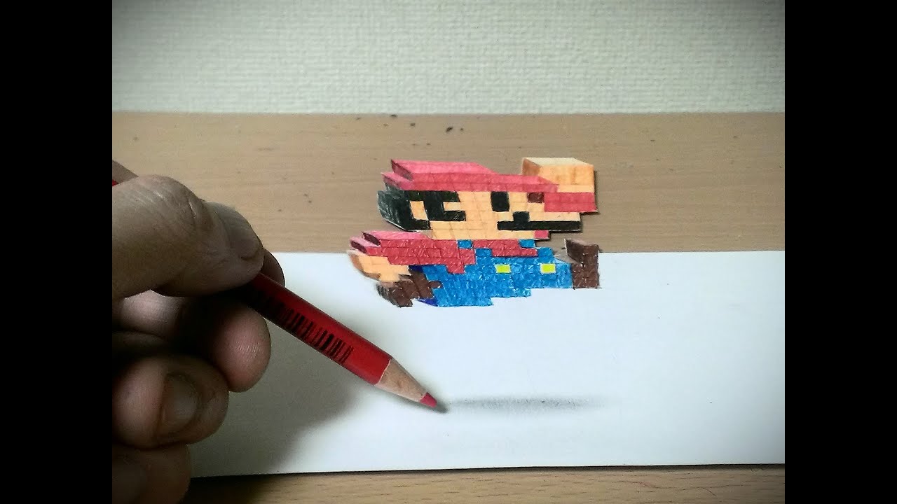 トリックアート マリオ描いてみた 色鉛筆画 How To Draw Realistic 8bit Mario Youtube
