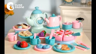 Cute Stone おままごと ティーセット アフタヌーンティーおもちゃ 収納ボックス付き DIYケーキ 42点セット 音楽 光 ティーポット お茶 お菓子 ごっこ遊び 知育玩具 食べ物認知い
