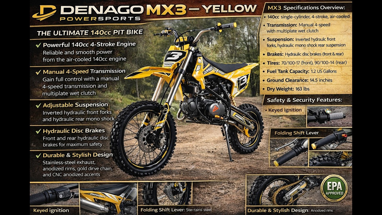 2026 Denago MX3 Yellow 140cc Pit Bike | East Central Sports